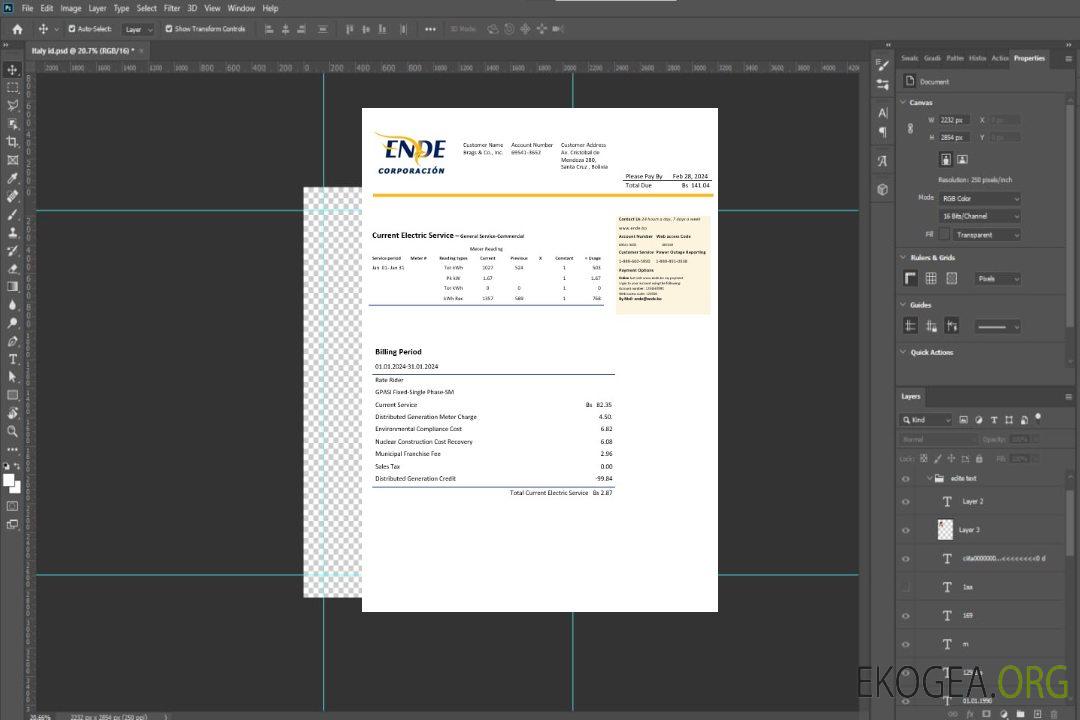 Modèle de facture de services publics d'électricité de Bolivie ENDE Corporacion au format Word et PDF template